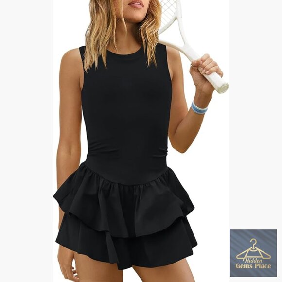 Dresses & Skirts - Backless Tennis Dress with Built-In Shorts, 4-Way Stretch Athletic Mini Dress